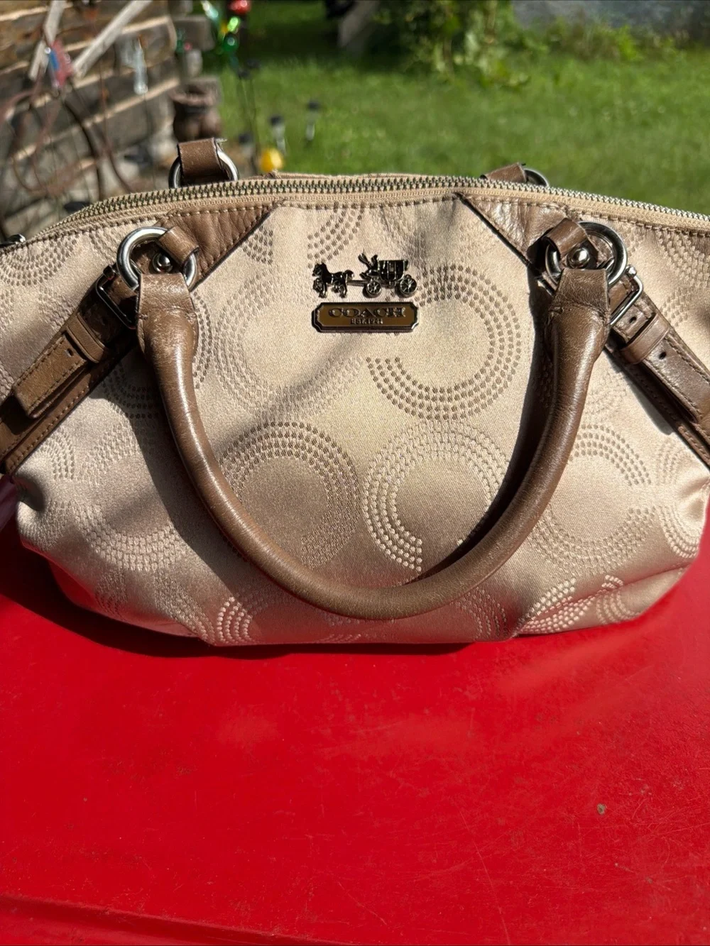 Coach Metallic Beige and Brown Logo Satchel